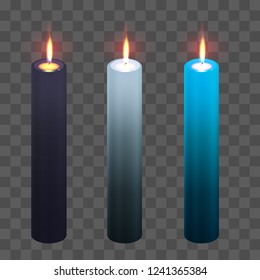 Burning black, silver, blue candle on transparent background. Merry Christmas decorations. Vector illustration. Elements for New Year poster, banner, holiday, invitation, party, web, cards.
