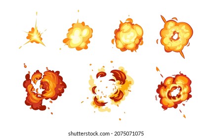 Burning Blast Of Radioactive Air Bomb Isolated Fire Boom Bang Explosion Icons Set. Vector Ignite Flame, Radiation Demolition, Explode Of Gas, Flare Blaze. Burst Effect, Fiery Cloud Bombs Collection