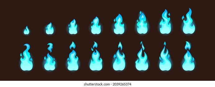 Burning blue fire for 2d animation or video game. Vector cartoon animation sprite sheet with sequence of magic flame on torch, candle or bonfire isolated on black background