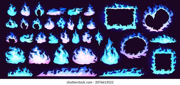 Burning blue fire, frames and borders of flame isolated on black background. Vector cartoon set of magic blaze in shape of heart, circle and square, flame on torch or candle