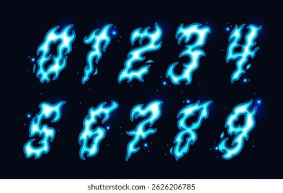 Burning blue numbers. Magic flame font, game ui asset, cold fire symbols, gas gorenje design, cartoon decorative glowing signs, plasma flammable isolated elements, tidy vector graphic set