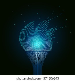 A burning blue torch, consists of  printed circuit boards, the flame from the binary code. Artifact from the abstract of cyberspace