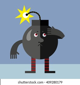 Burning bomb doubting. Flat style vector illustration . Funny cartoon character