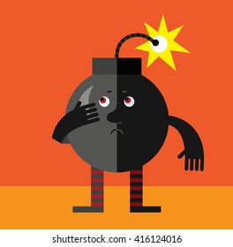 Burning bomb doubting. Flat style vector illustration . Funny cartoon character