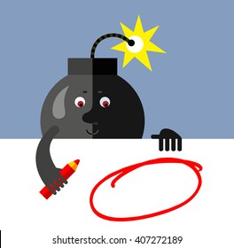 Burning bomb drawing a red pencil empty frame on a blank sheet. Flat style vector illustration . Funny cartoon character