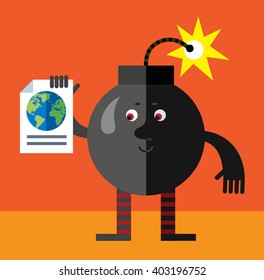 Burning bomb engaged in a global search. Flat style vector illustration . Funny cartoon character