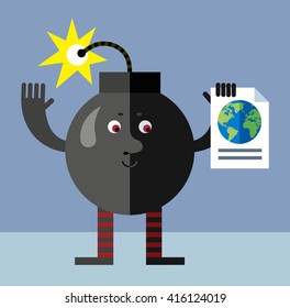 Burning bomb engaged in a global search. Flat style vector illustration . Funny cartoon character