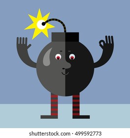 Burning bomb gesturing okay. Flat style vector illustration . Funny cartoon character