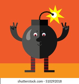 Burning bomb gesturing victory. Flat style vector illustration . Funny cartoon character