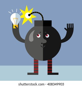 Burning bomb get the idea holding bulb. Flat style vector illustration . Funny cartoon character