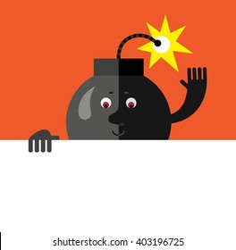 Burning bomb holding a blank sheet and waving hand greeting. Flat style vector illustration . Funny cartoon character