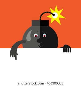 Burning bomb holding a blank sheet pointing. Flat style vector illustration . Funny cartoon character