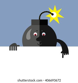 Burning bomb holding a blank sheet pointing. Flat style vector illustration . Funny cartoon character