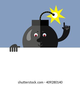 Burning bomb holding a blank sheet and making attention gesture with forefinger. Flat style vector illustration . Funny cartoon character