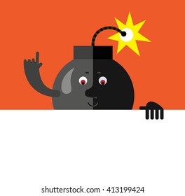 Burning bomb holding a blank sheet and making attention gesture with forefinger. Flat style vector illustration . Funny cartoon character