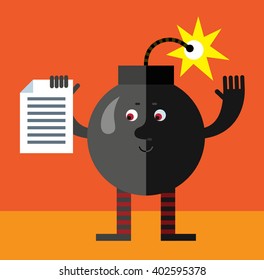 Burning bomb holding document. Flat style vector illustration . Funny cartoon character