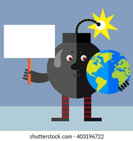 Burning bomb holding a globe and blank sign. Flat style vector illustration . Funny cartoon character