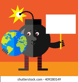 Burning bomb holding a globe and blank sign. Flat style vector illustration . Funny cartoon character