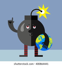 Burning bomb holding a globe and making attention gesture with forefinger . Flat style vector illustration . Funny cartoon character