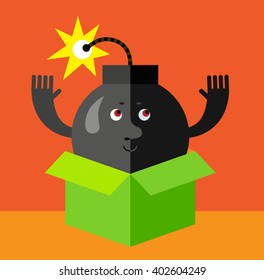 Burning bomb jumping from delivery box. Flat style vector illustration . Funny cartoon character