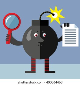 Burning bomb with magnifier glass and document searching. Flat style vector illustration . Funny cartoon character