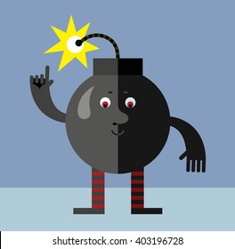 Burning bomb making attention gesture with forefinger. Flat style vector illustration . Funny cartoon character