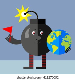 Burning bomb putting flag mark the globe. Flat style vector illustration . Funny cartoon character