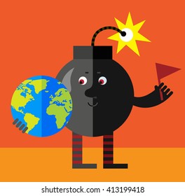 Burning bomb putting flag mark the globe. Flat style vector illustration . Funny cartoon character