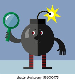 Burning bomb Seeing Through Magnifying Glass. Flat style vector illustration . Funny cartoon character