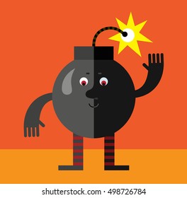 Burning bomb waving hand. Flat style vector illustration . Funny cartoon character