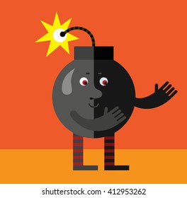 Burning bomb with welcome hands. Flat style vector illustration . Funny cartoon character