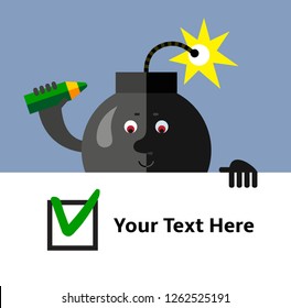Burning bombmaking green check mark in check box. Voting. Right Choice. Flat style vector illustration . Funny cartoon character