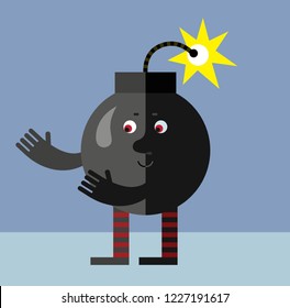 Burning bombwith welcome hands. Flat style vector illustration . Funny cartoon character