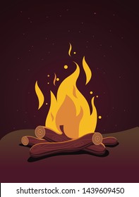 Burning Bon Fire In Night, Vector Material. Wood And Fire, Night