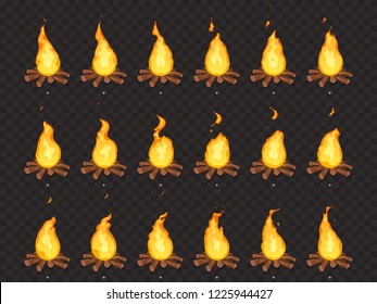 Burning Bonfire Animation. Hot Fire, Outdoor Campfire And Bonfires Animated Burn Flame Light Dance Motion Storyboard For Game. Cartoon Vector Isolated Sprites Frames