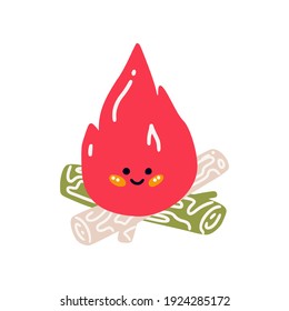 Burning bonfire or campfire. Fire on the logs. Cute Character a bonfire. Flat vector illustration isolated on a white background