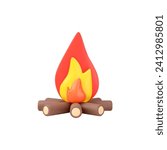 Burning bonfire or campfire, firewood with fire or flame. 3d realistic design element plasticine texture. Camping, picnic, tourism concept. Vector render illustration isolated on white