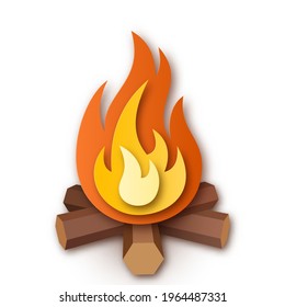 Burning bonfire or campfire, firewood with fire or flame. Simple vector illustration on white background. Paper cut design