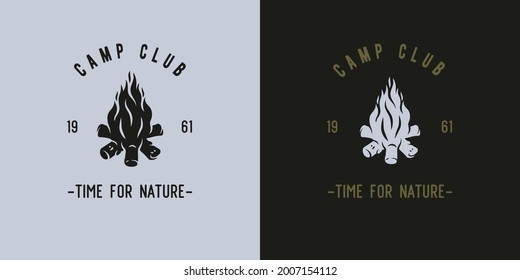 Burning bonfire with a flame for camping. Campfire for traveler and tourist print. Graphic design for outdoor adventure. Sport activity