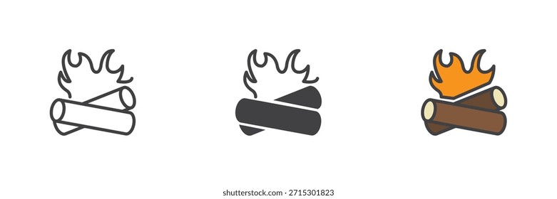 Burning bonfire icon set in line, solid and filled outline colorful styles. Campfire flames vector sign and symbol icon, color illustration of prehistoric fire usage.