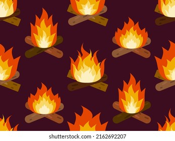 Fuego de fuego sin fisuras. Quemando leña y llamas en forma plana. Diseño para papel impreso, banners y envoltorio. Ilustración del vector