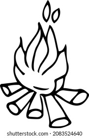 A burning bonfire. Sketch, doodle, black and white vector illustration drawn by hand. Camping, camping, hiking.