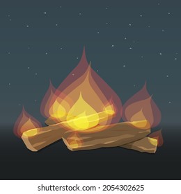 A burning bonfire, tongues of fire on wooden beams. Dark background, night starry sky. For web design, postcards, brochures, prints.