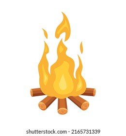 Brennendes Feuer mit Holz.  Flache Vektorgrafik einzeln auf weißem Hintergrund. 