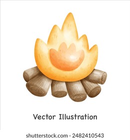 Burning bonfire with wood isolate on white. Fire or campfire icon. Fireplace for warming, cooking in forest camp. Touristic symbol. Hiking and trekking adventure design. Vector illustration.