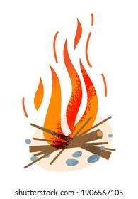 Burning bonfire with wood isolated on white. Fire or campfire icon. Fireplace for warming, cooking in forest camp. Touristic symbol. Hiking and trekking adventure design. Vector illustration