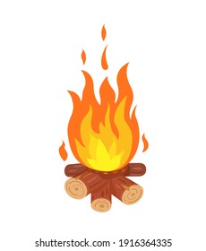 Burning Bonfire With Wood On A White Background. Vector Flat Illustration