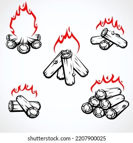 Burning bonfire with wood set. Elements and icons collection burning bonfire with wood. Vector