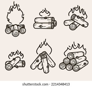 Fuego de fuego con leña. Elementos e iconos colección quema hoguera con leña. Vector