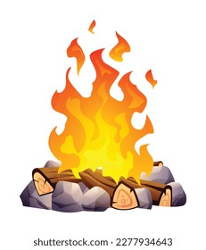 Burning bonfire with wood and stones. Firewood flames vector cartoon illustration
